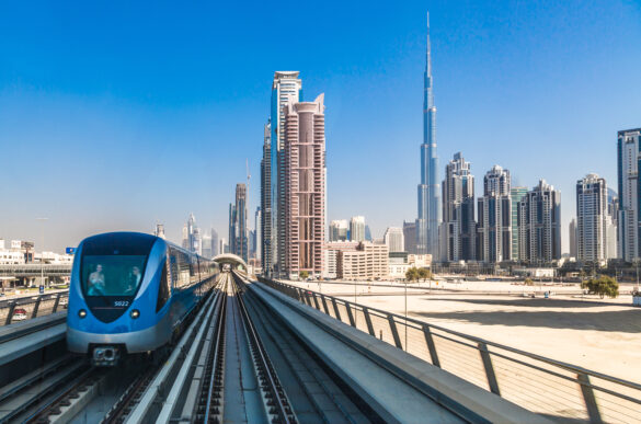 Dubai Metro - Train with Burj Khalifa in the background