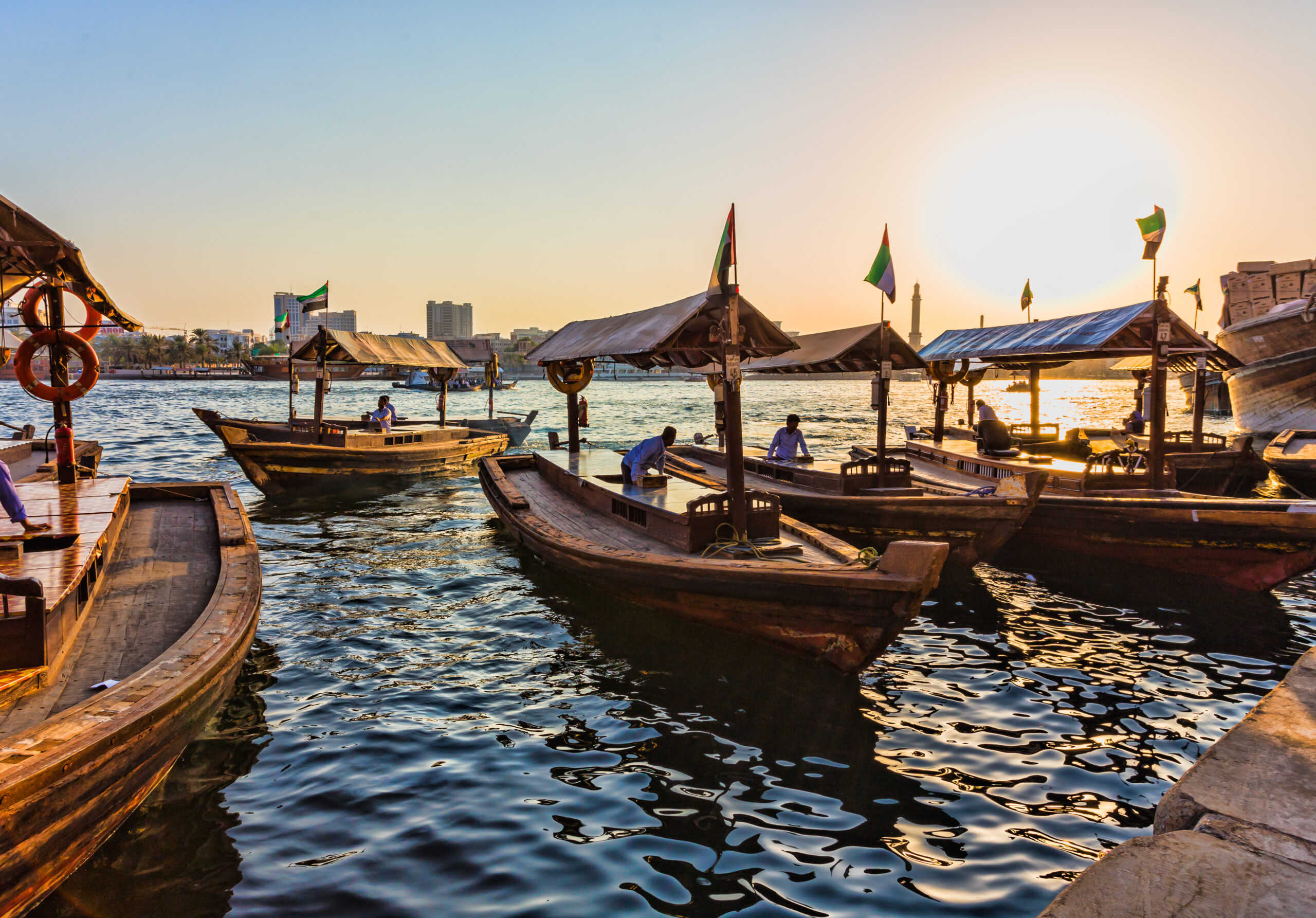 Dubai abra - Traditional boats at sunset